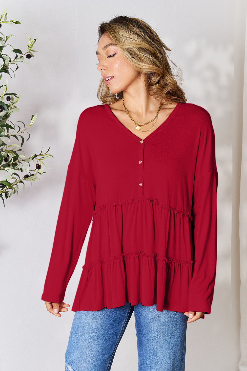 Double Take Half Button Long Sleeve Ruffle Hem Blouse - Life's Fun Treasures