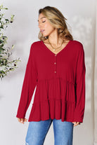 Double Take Half Button Long Sleeve Ruffle Hem Blouse - Life's Fun Treasures