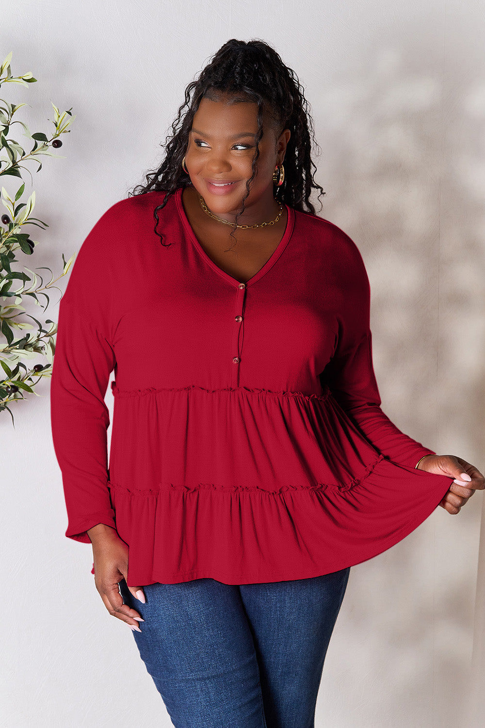 Double Take Half Button Long Sleeve Ruffle Hem Blouse - Life's Fun Treasures