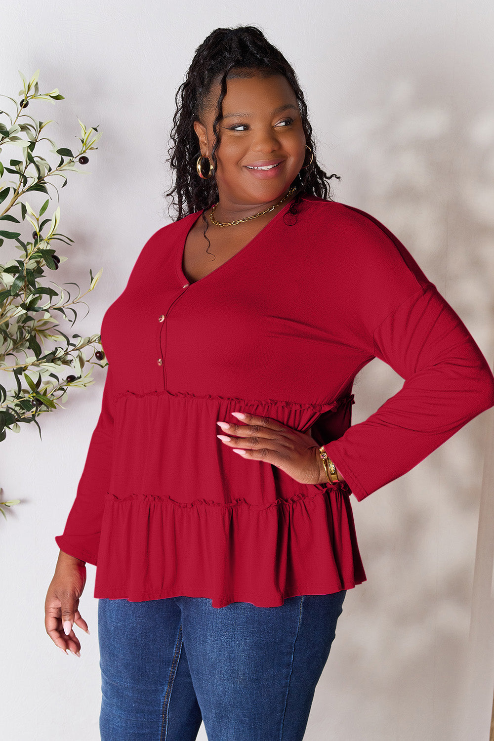 Double Take Half Button Long Sleeve Ruffle Hem Blouse - Life's Fun Treasures