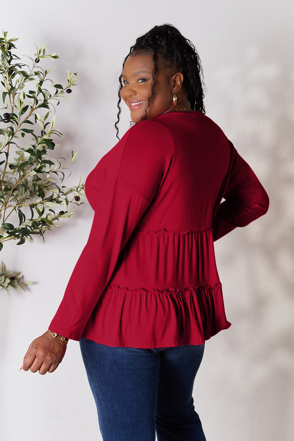 Double Take Half Button Long Sleeve Ruffle Hem Blouse - Life's Fun Treasures
