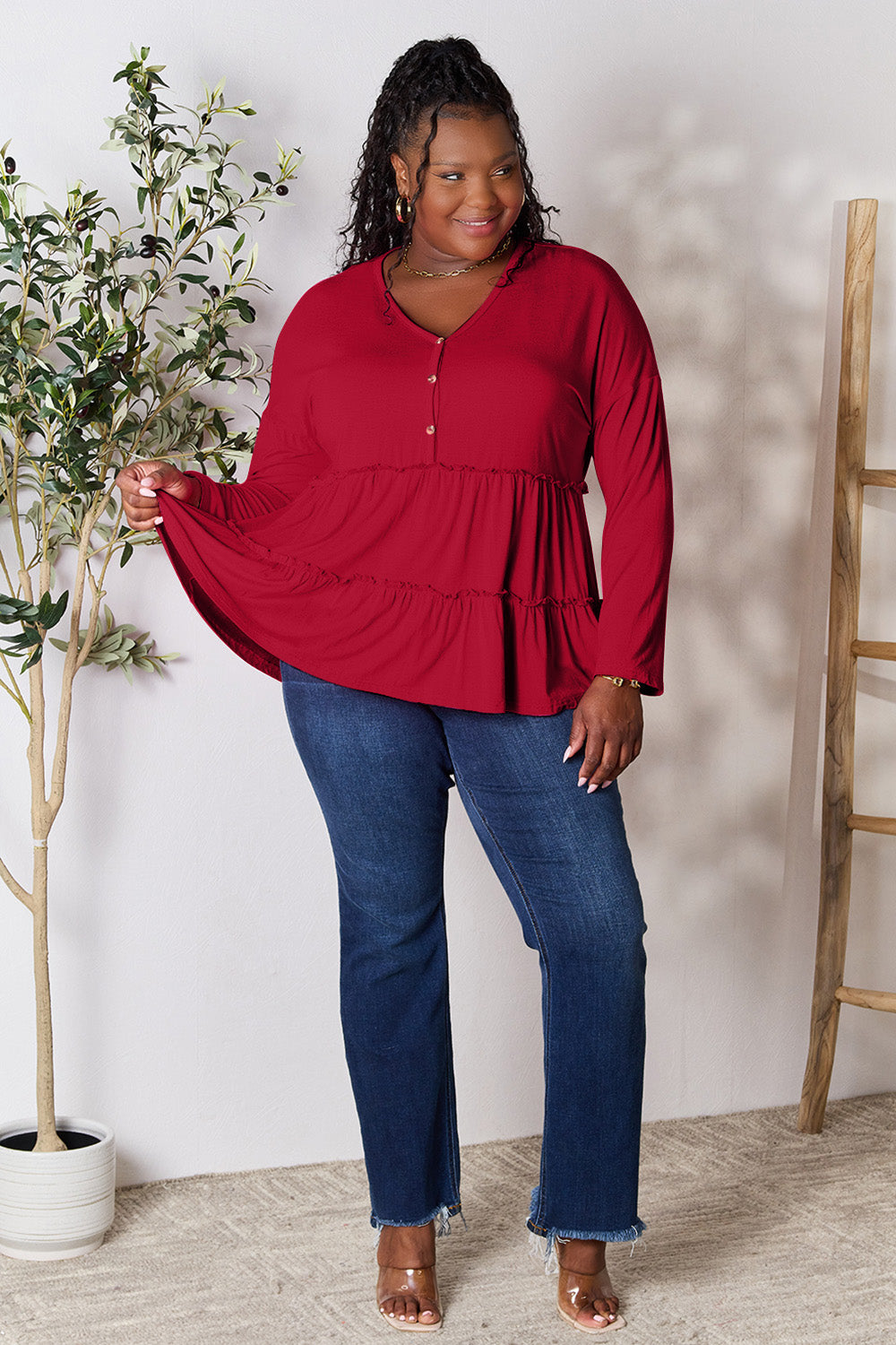 Double Take Half Button Long Sleeve Ruffle Hem Blouse - Life's Fun Treasures