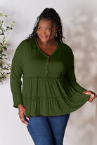 Double Take Half Button Long Sleeve Ruffle Hem Blouse - Life's Fun Treasures