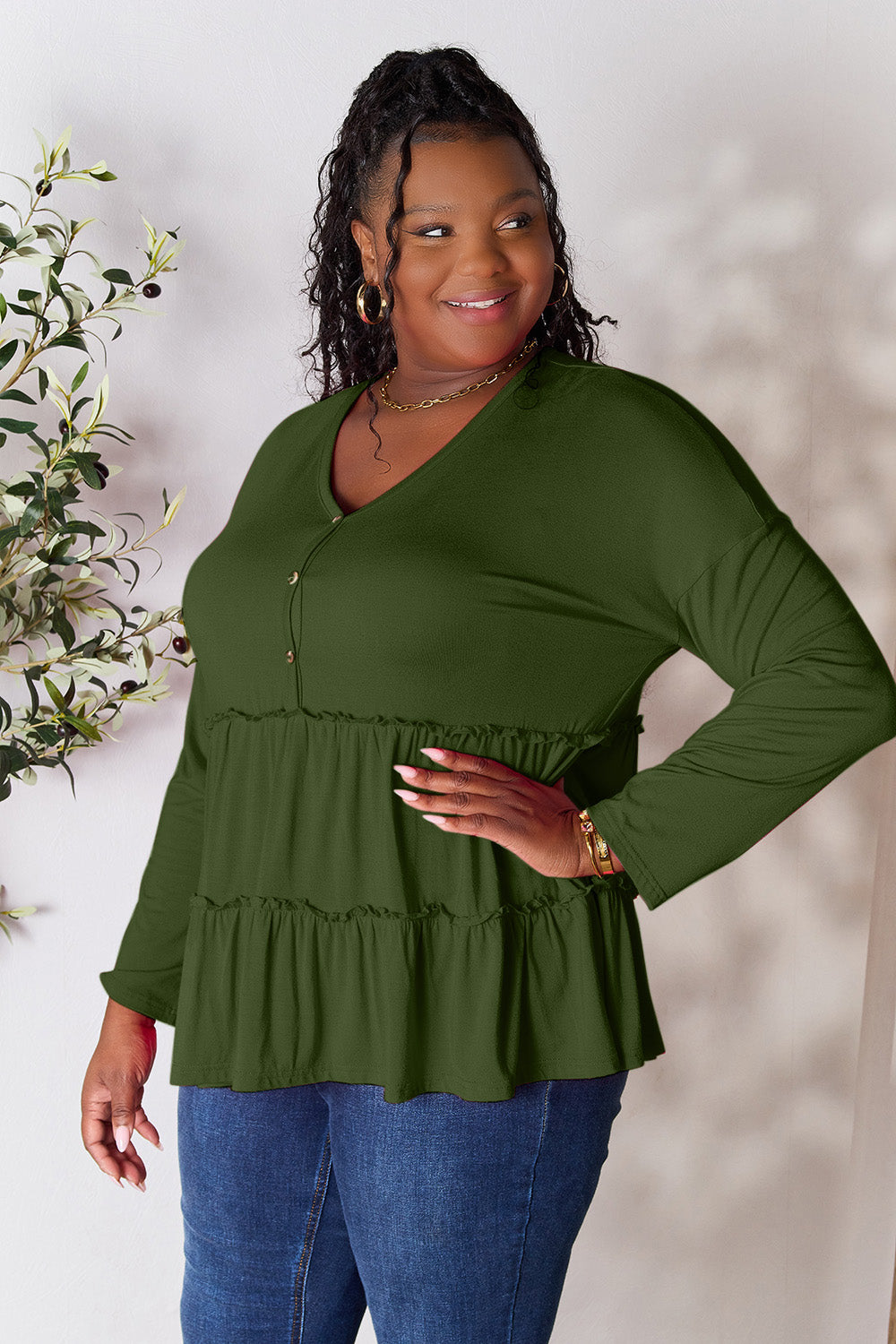 Double Take Half Button Long Sleeve Ruffle Hem Blouse - Life's Fun Treasures