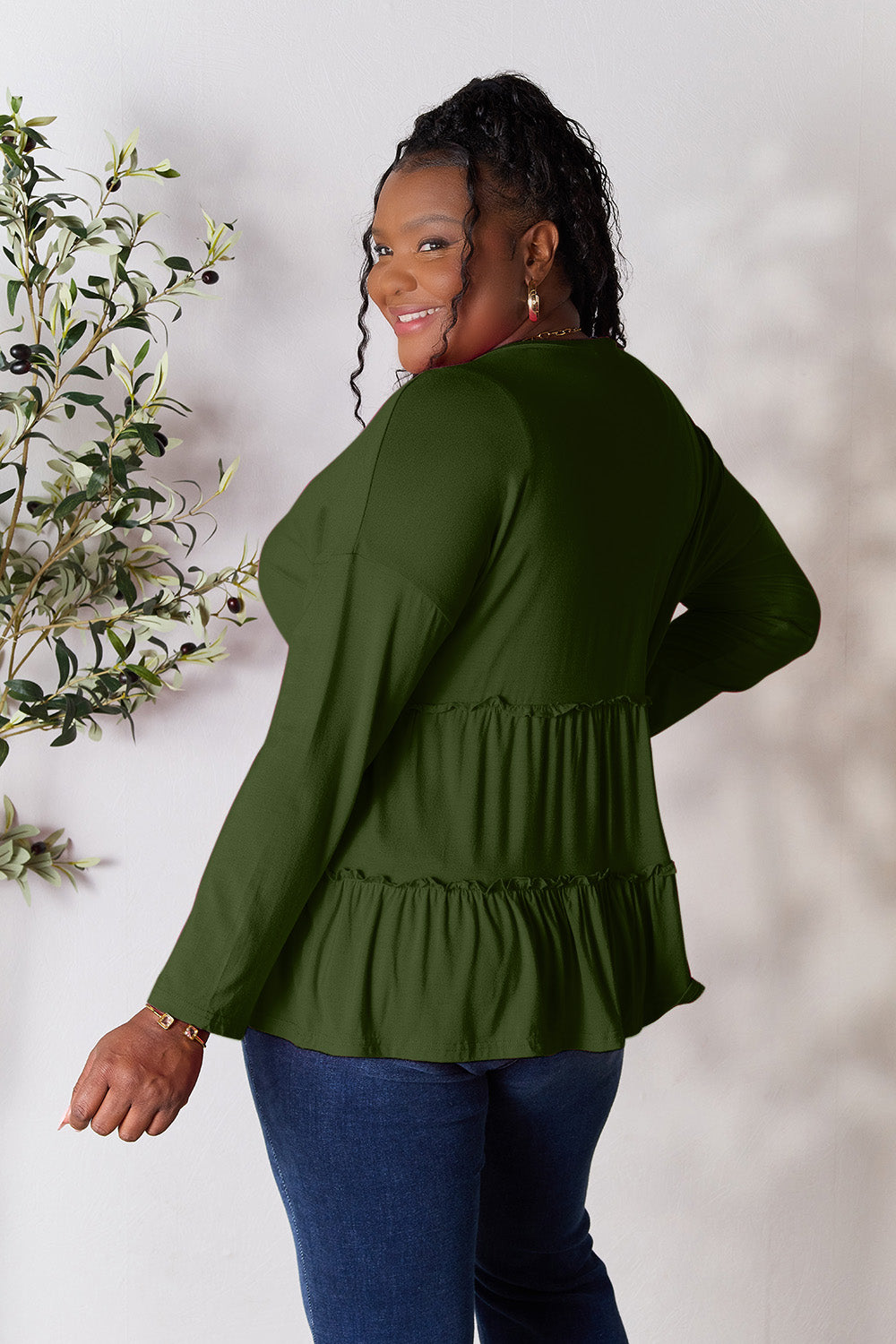 Double Take Half Button Long Sleeve Ruffle Hem Blouse - Life's Fun Treasures
