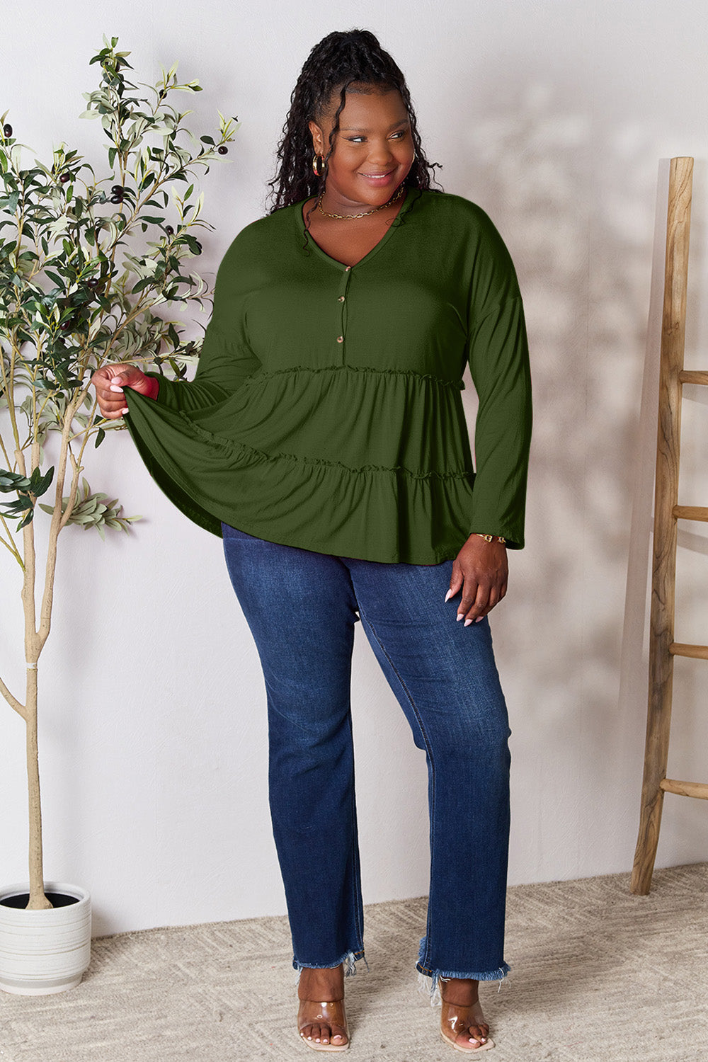 Double Take Half Button Long Sleeve Ruffle Hem Blouse - Life's Fun Treasures