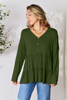 Double Take Half Button Long Sleeve Ruffle Hem Blouse - Life's Fun Treasures