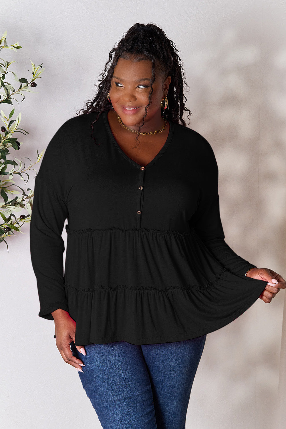 Double Take Half Button Long Sleeve Ruffle Hem Blouse - Life's Fun Treasures