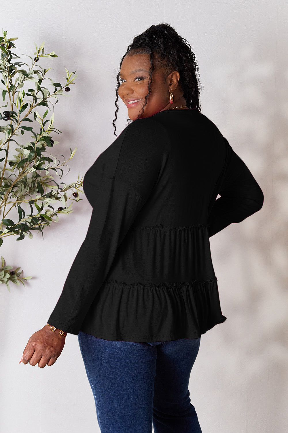 Double Take Half Button Long Sleeve Ruffle Hem Blouse - Life's Fun Treasures