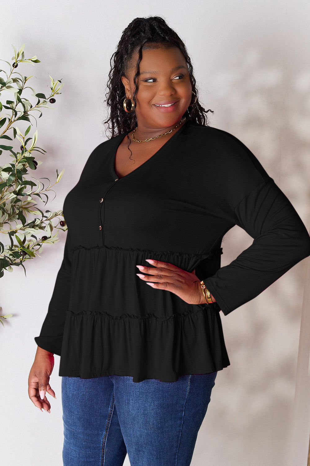 Double Take Half Button Long Sleeve Ruffle Hem Blouse - Life's Fun Treasures