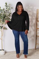 Double Take Half Button Long Sleeve Ruffle Hem Blouse - Life's Fun Treasures