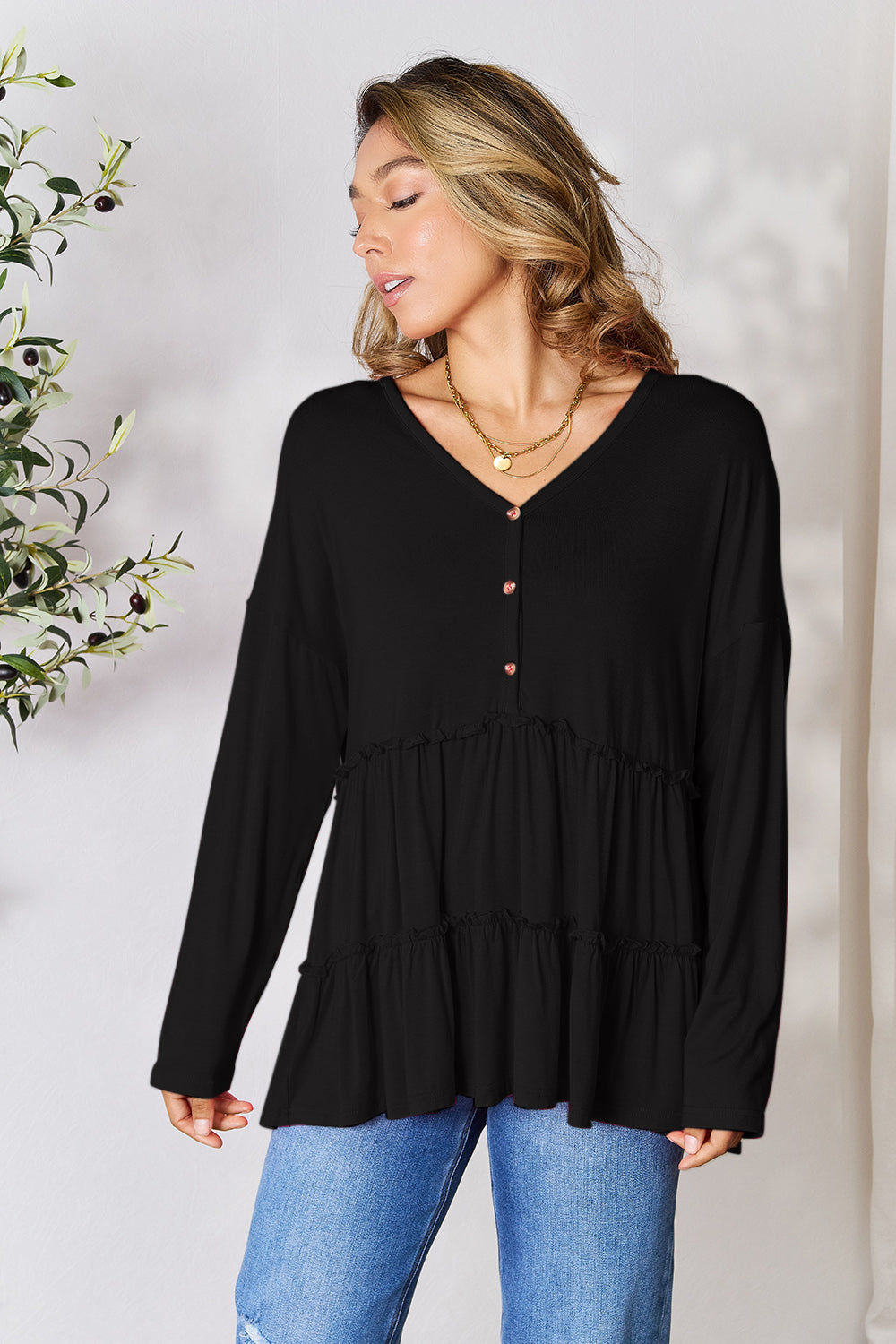 Double Take Half Button Long Sleeve Ruffle Hem Blouse - Life's Fun Treasures