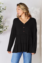 Double Take Half Button Long Sleeve Ruffle Hem Blouse - Life's Fun Treasures