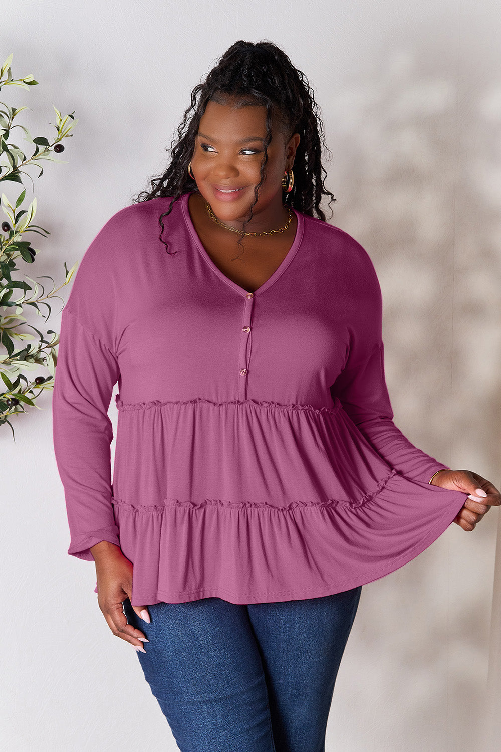 Double Take Half Button Long Sleeve Ruffle Hem Blouse - Life's Fun Treasures