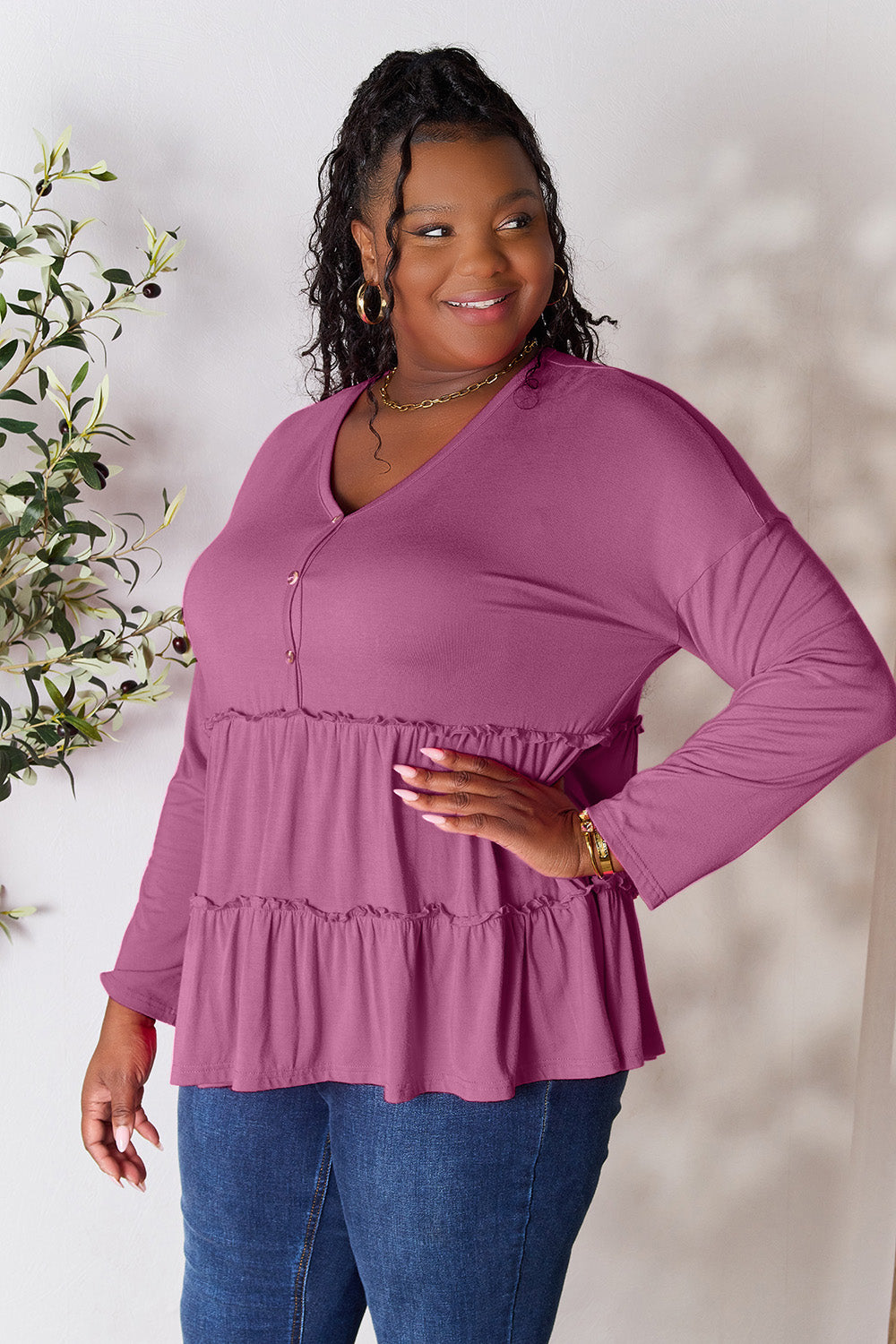 Double Take Half Button Long Sleeve Ruffle Hem Blouse - Life's Fun Treasures