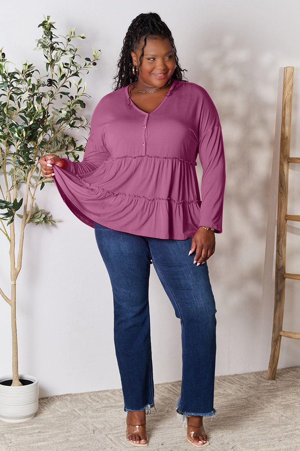 Double Take Half Button Long Sleeve Ruffle Hem Blouse - Life's Fun Treasures