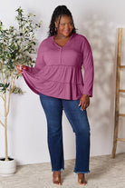 Double Take Half Button Long Sleeve Ruffle Hem Blouse - Life's Fun Treasures