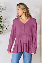 Double Take Half Button Long Sleeve Ruffle Hem Blouse - Life's Fun Treasures