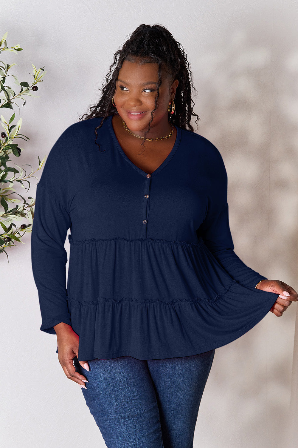 Double Take Half Button Long Sleeve Ruffle Hem Blouse - Life's Fun Treasures