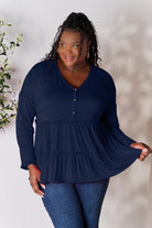 Double Take Half Button Long Sleeve Ruffle Hem Blouse - Life's Fun Treasures