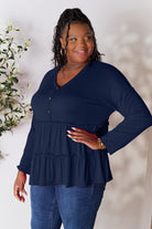 Double Take Half Button Long Sleeve Ruffle Hem Blouse - Life's Fun Treasures
