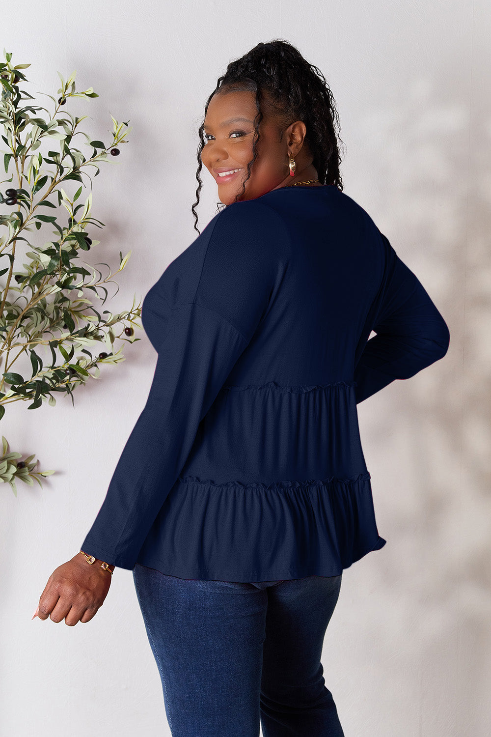 Double Take Half Button Long Sleeve Ruffle Hem Blouse - Life's Fun Treasures