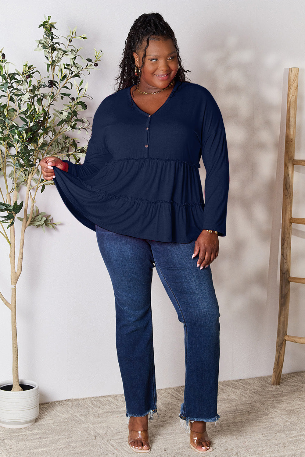 Double Take Half Button Long Sleeve Ruffle Hem Blouse - Life's Fun Treasures