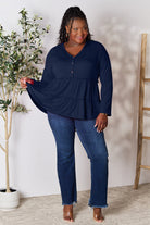 Double Take Half Button Long Sleeve Ruffle Hem Blouse - Life's Fun Treasures