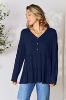 Double Take Half Button Long Sleeve Ruffle Hem Blouse - Life's Fun Treasures