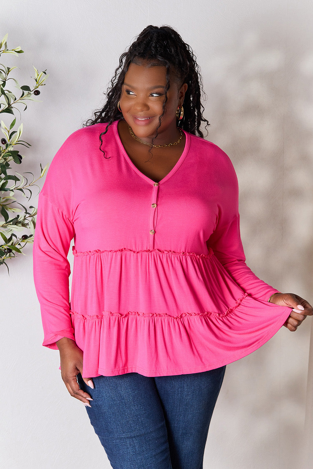 Double Take Half Button Long Sleeve Ruffle Hem Blouse - Life's Fun Treasures