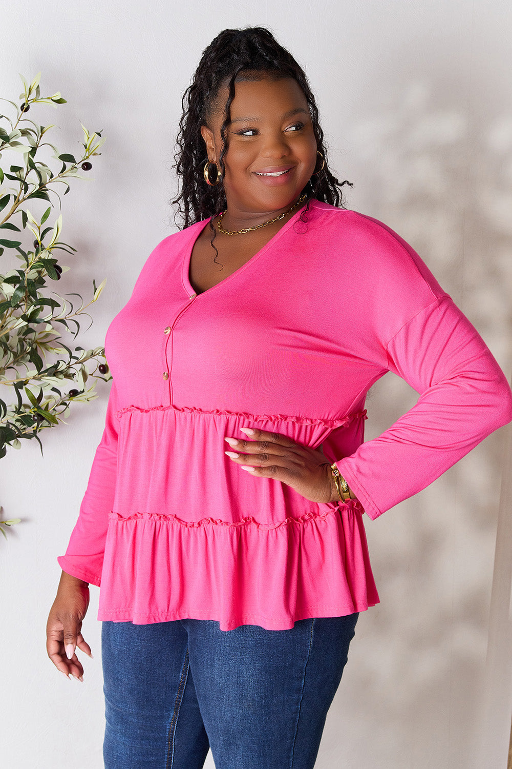 Double Take Half Button Long Sleeve Ruffle Hem Blouse - Life's Fun Treasures