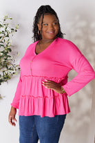 Double Take Half Button Long Sleeve Ruffle Hem Blouse - Life's Fun Treasures