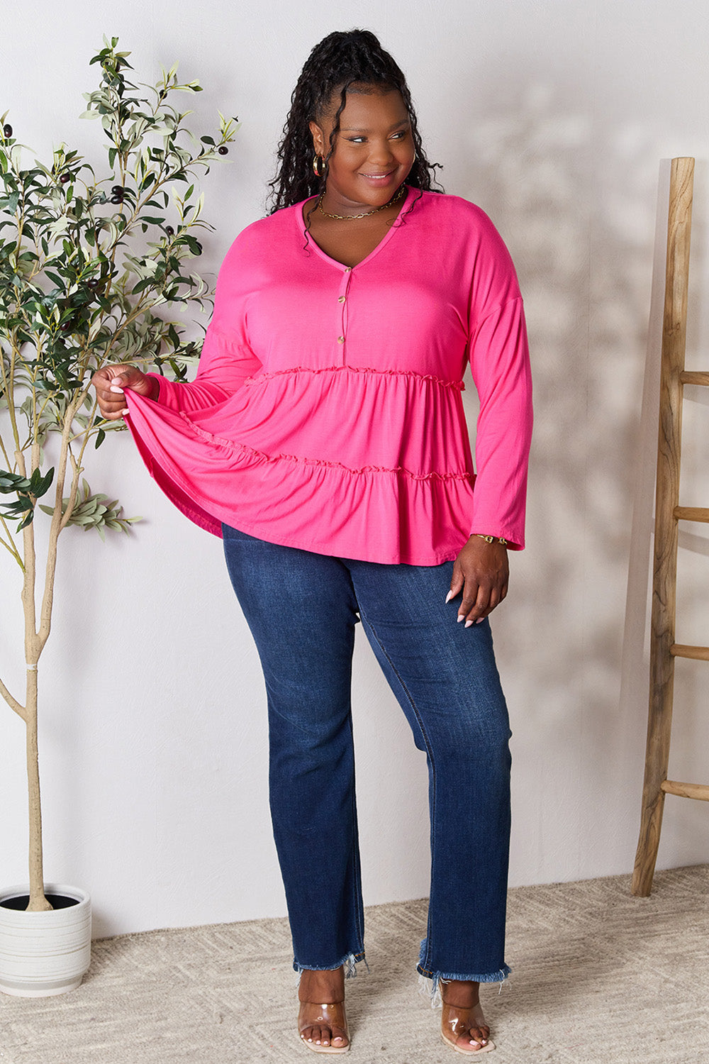 Double Take Half Button Long Sleeve Ruffle Hem Blouse - Life's Fun Treasures