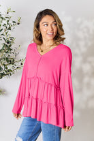Double Take Half Button Long Sleeve Ruffle Hem Blouse - Life's Fun Treasures