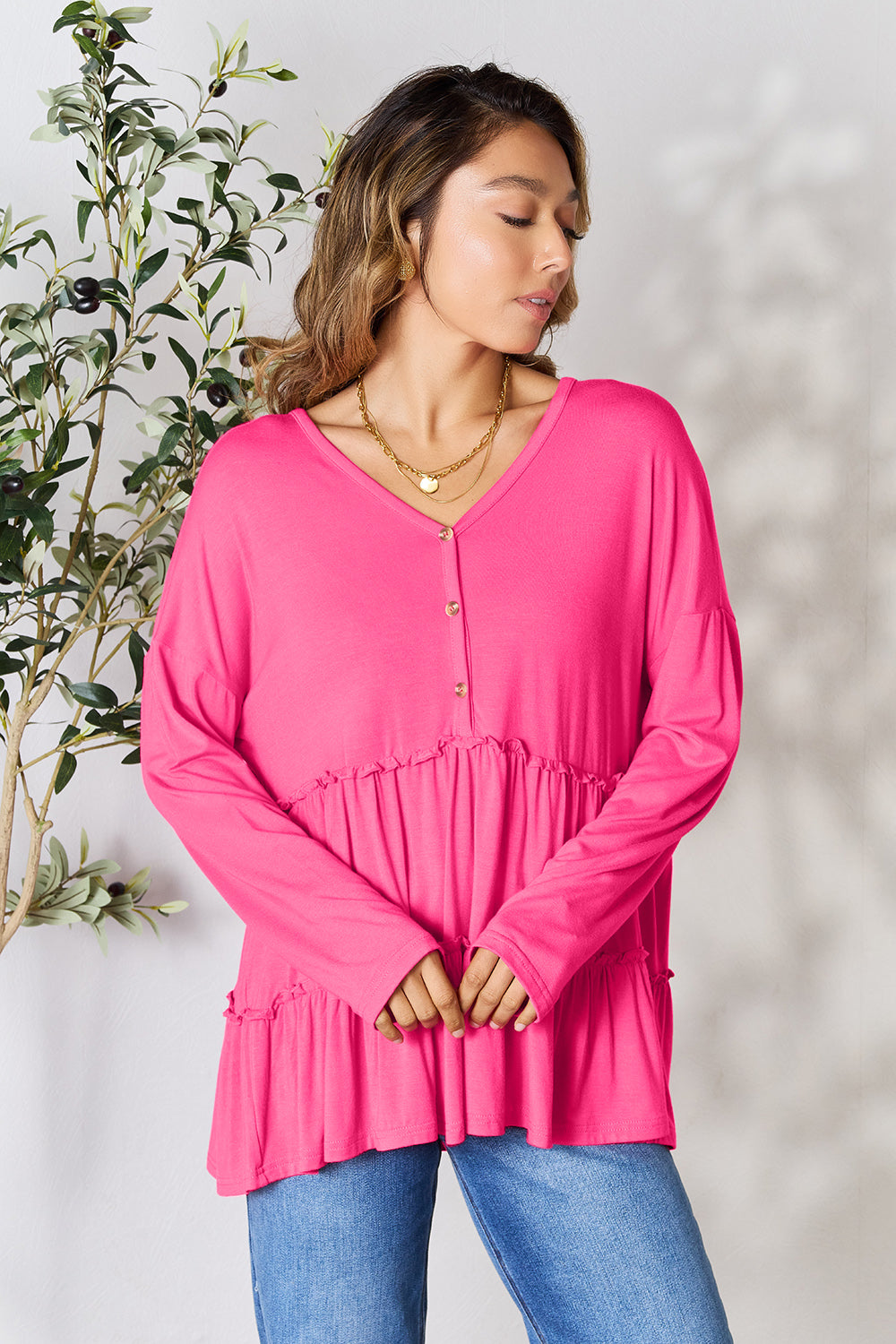 Double Take Half Button Long Sleeve Ruffle Hem Blouse - Life's Fun Treasures