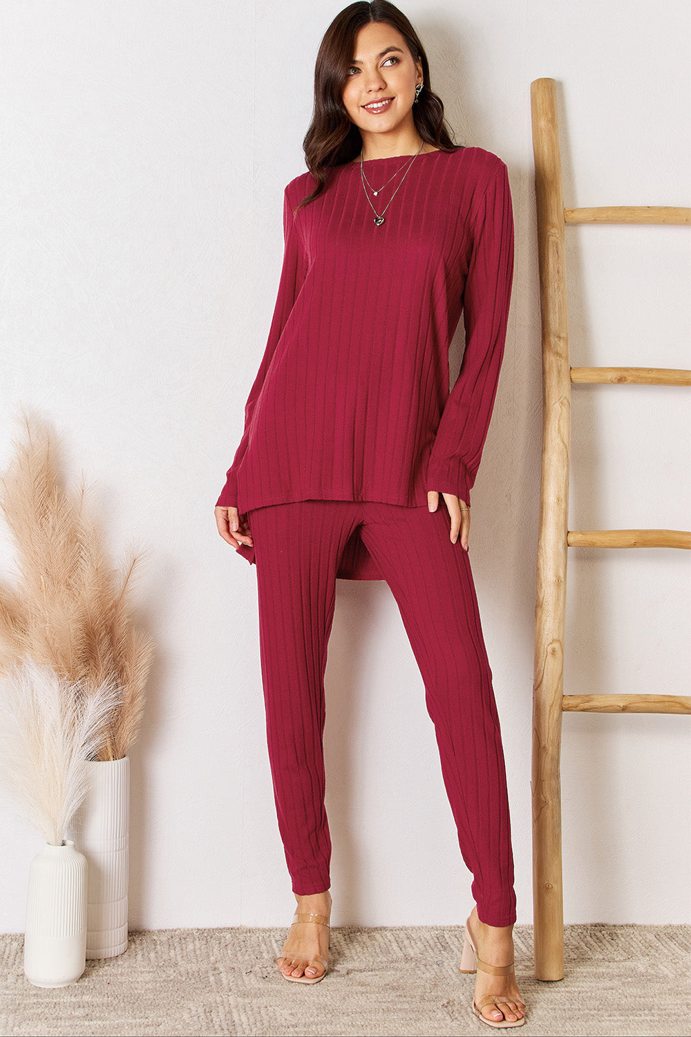 Basic Bae Full Size Ribbed Round Neck High-Low Slit Top and Pants Set - Life's Fun Treasures