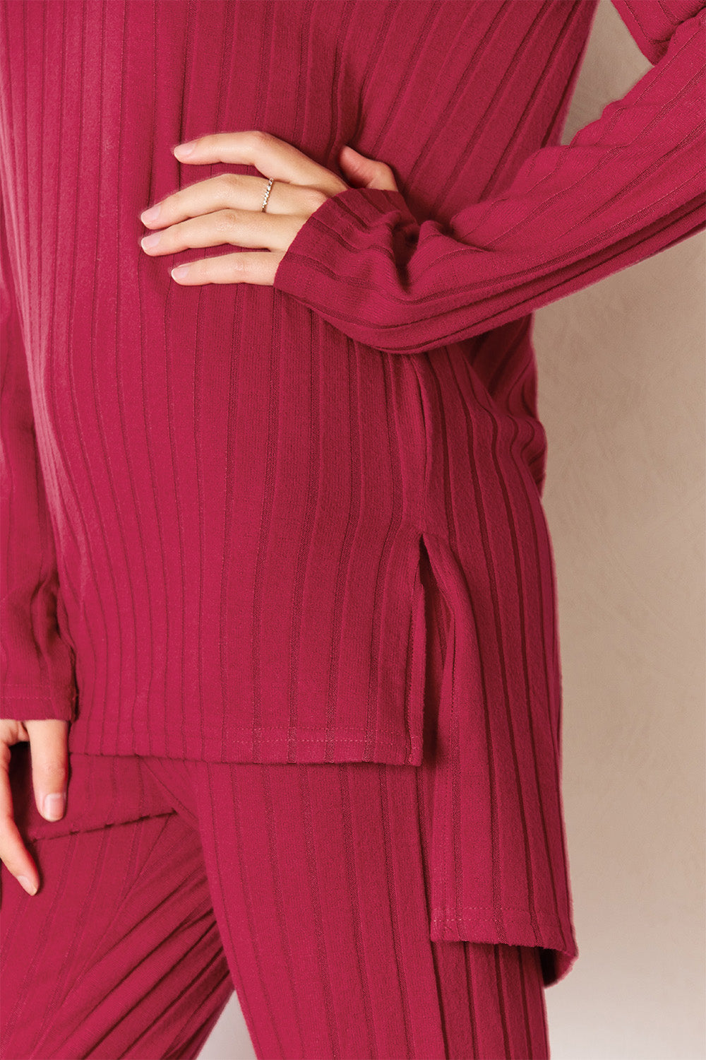 Basic Bae Full Size Ribbed Round Neck High-Low Slit Top and Pants Set - Life's Fun Treasures