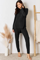 Basic Bae Full Size Ribbed Round Neck High-Low Slit Top and Pants Set - Life's Fun Treasures