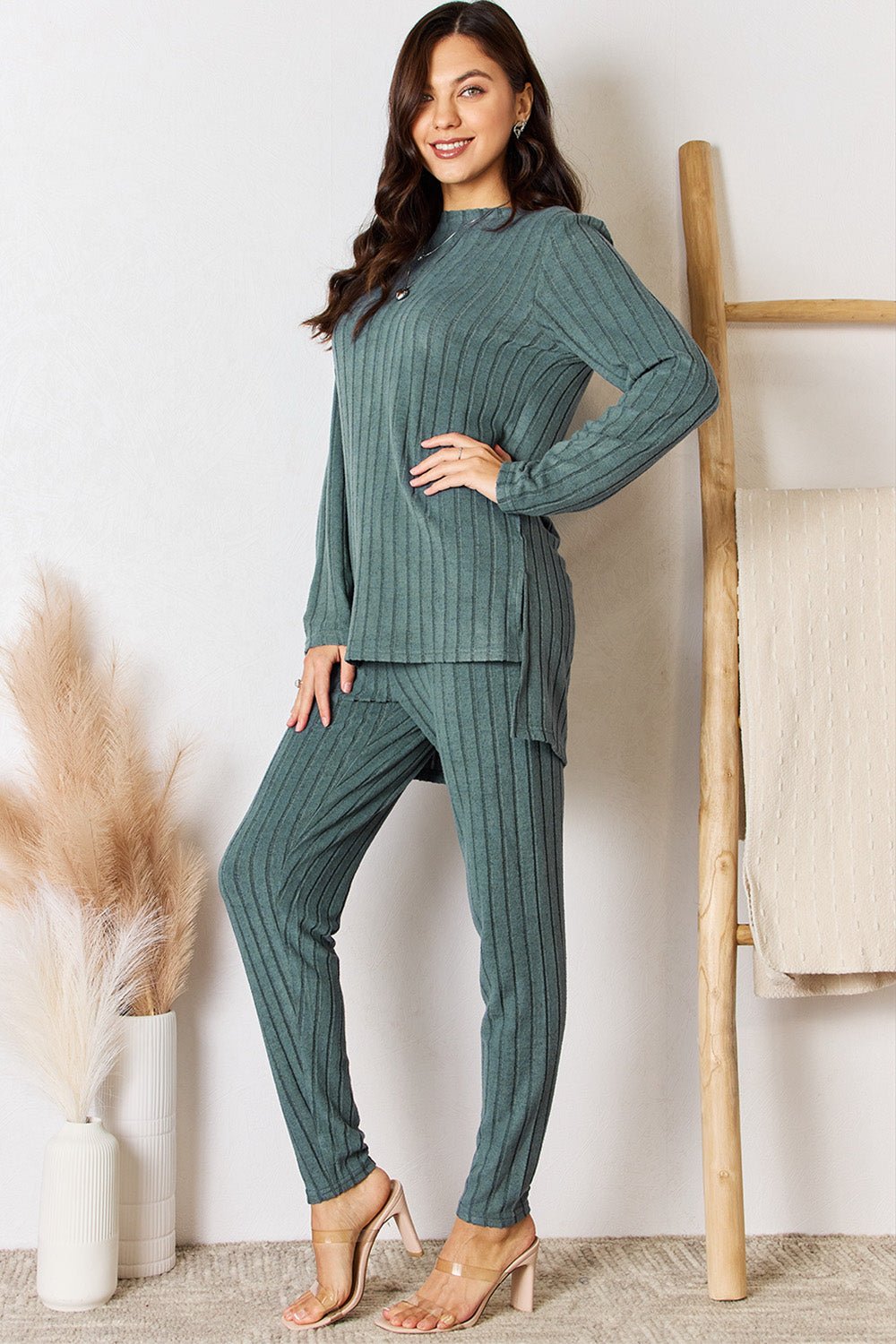 Basic Bae Full Size Ribbed Round Neck High-Low Slit Top and Pants Set - Life's Fun Treasures