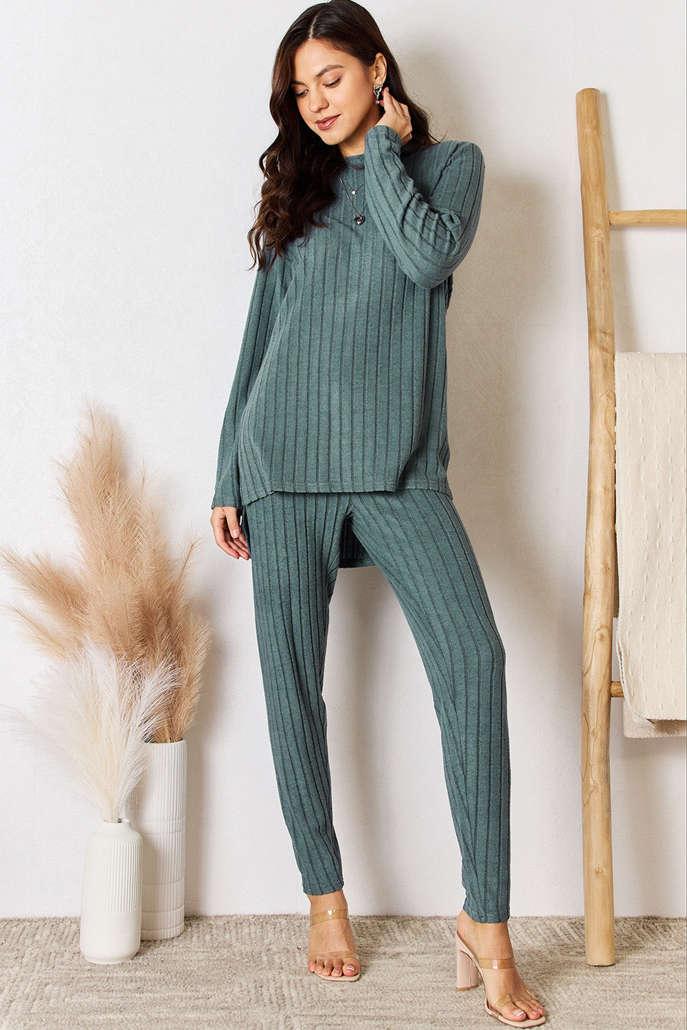 Basic Bae Full Size Ribbed Round Neck High-Low Slit Top and Pants Set - Life's Fun Treasures