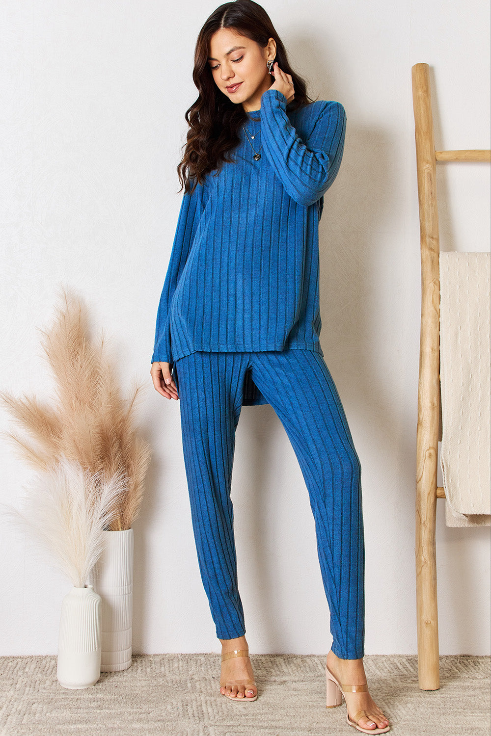 Basic Bae Full Size Ribbed Round Neck High-Low Slit Top and Pants Set - Life's Fun Treasures