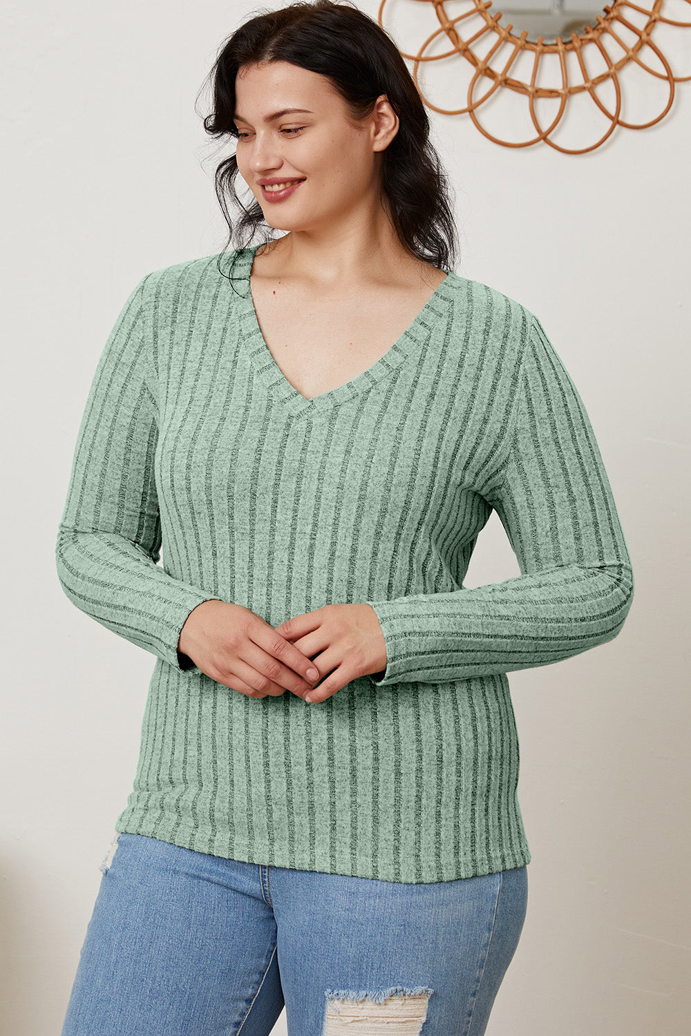 Basic Bae Full Size Ribbed V-Neck Long Sleeve T-Shirt - Life's Fun Treasures