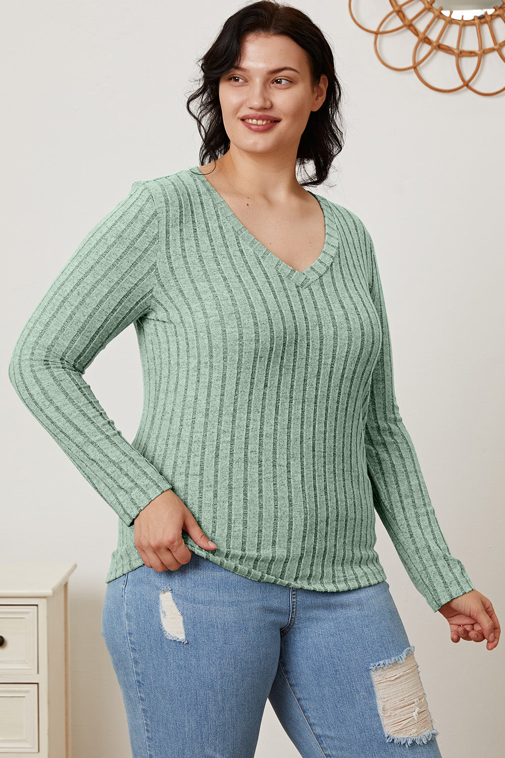 Basic Bae Full Size Ribbed V-Neck Long Sleeve T-Shirt - Life's Fun Treasures