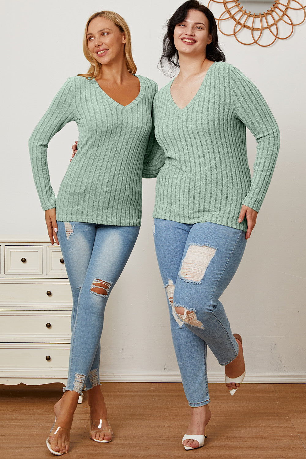 Basic Bae Full Size Ribbed V-Neck Long Sleeve T-Shirt - Life's Fun Treasures