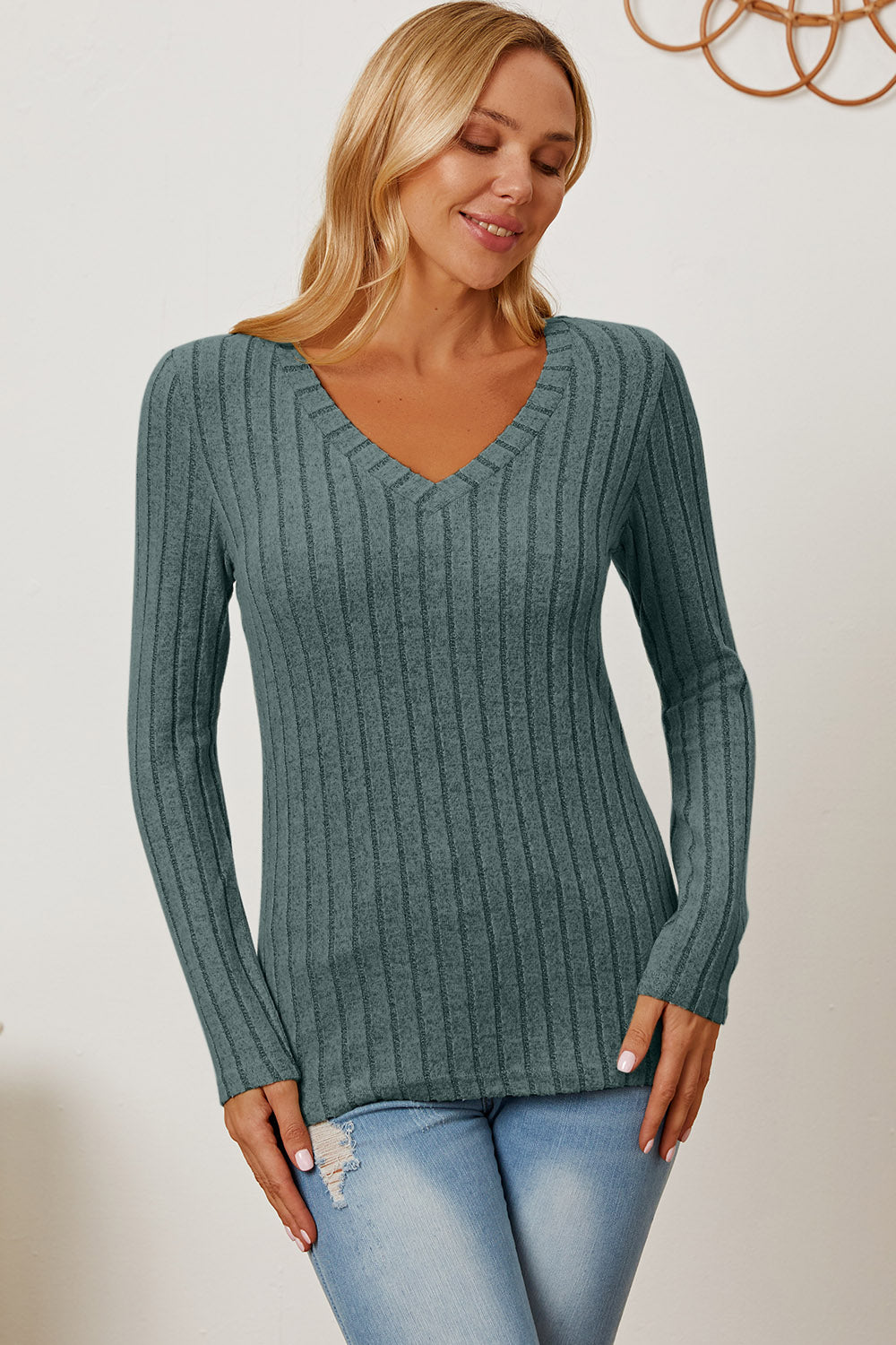 Basic Bae Full Size Ribbed V-Neck Long Sleeve T-Shirt - Life's Fun Treasures