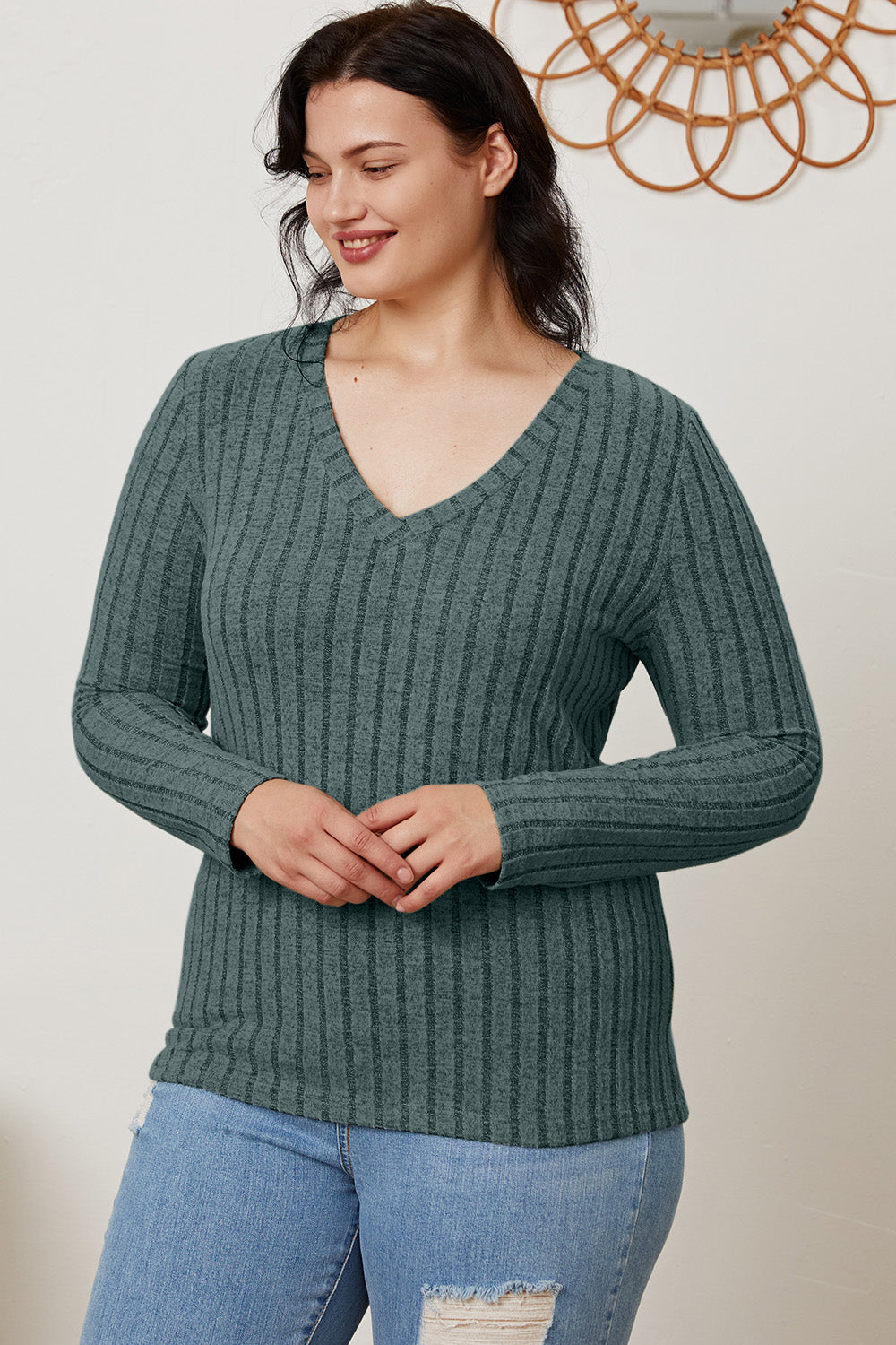 Basic Bae Full Size Ribbed V-Neck Long Sleeve T-Shirt - Life's Fun Treasures