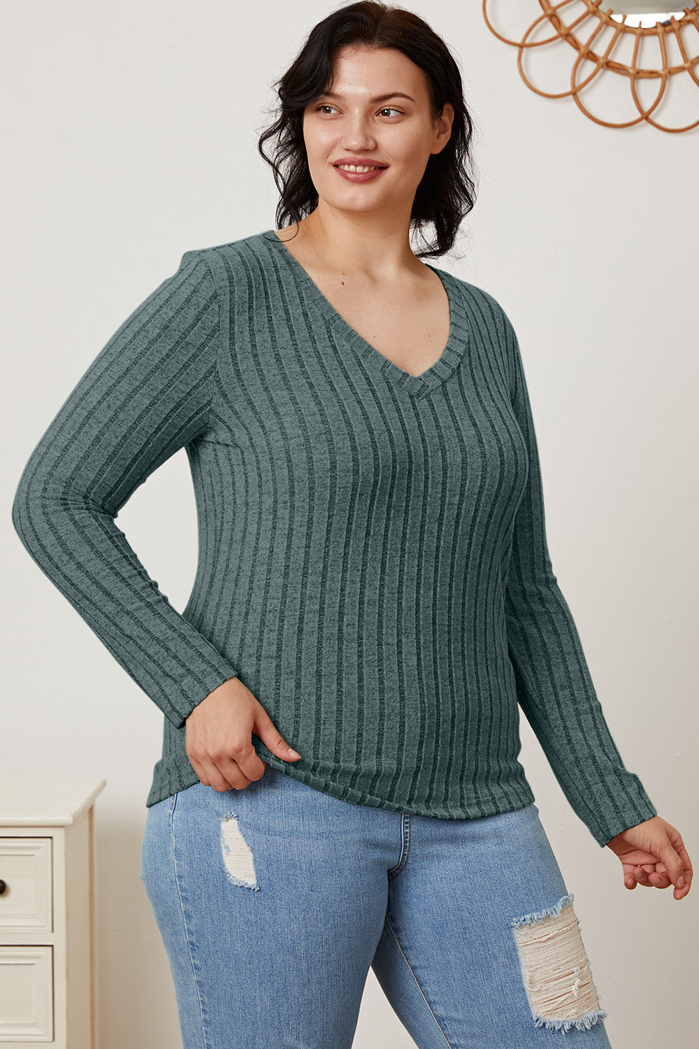 Basic Bae Full Size Ribbed V-Neck Long Sleeve T-Shirt - Life's Fun Treasures