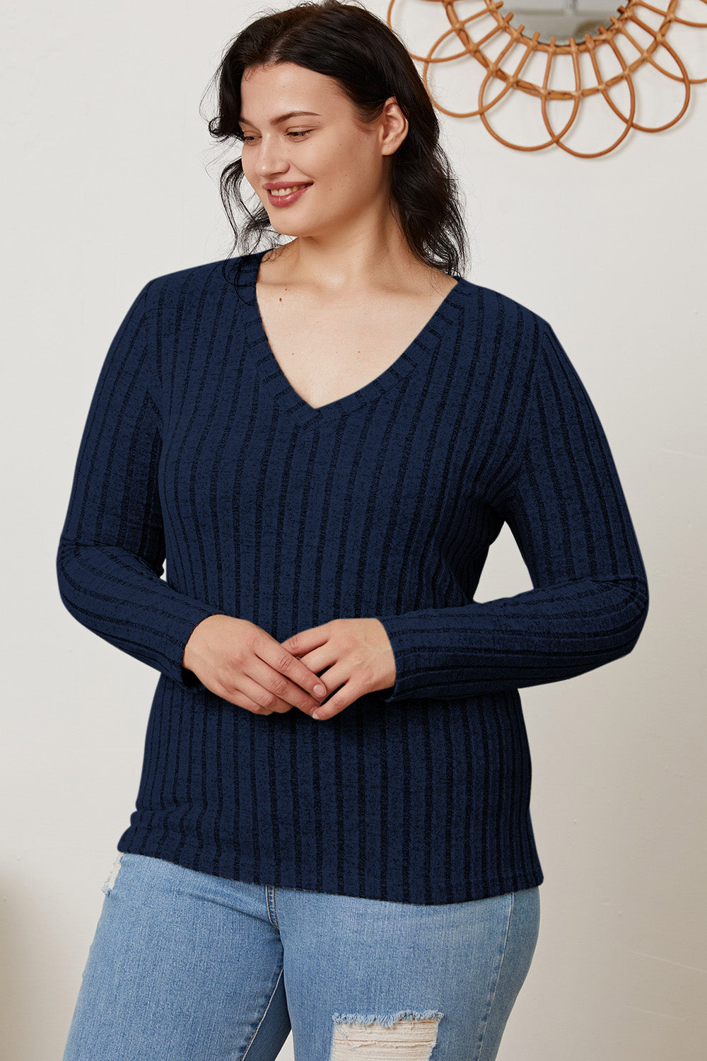 Basic Bae Full Size Ribbed V-Neck Long Sleeve T-Shirt - Life's Fun Treasures