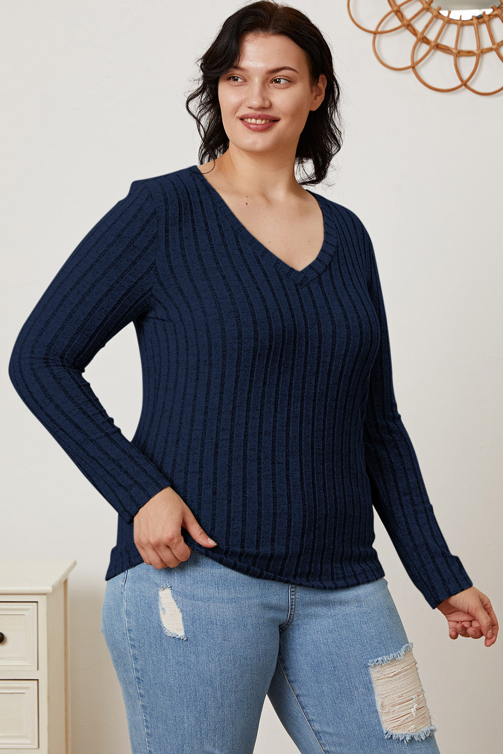 Basic Bae Full Size Ribbed V-Neck Long Sleeve T-Shirt - Life's Fun Treasures