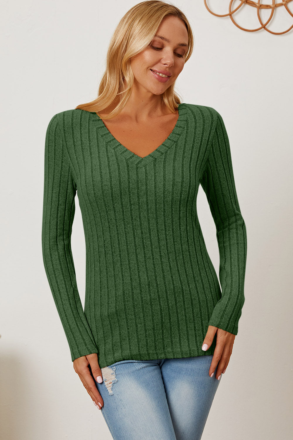 Basic Bae Full Size Ribbed V-Neck Long Sleeve T-Shirt - Life's Fun Treasures